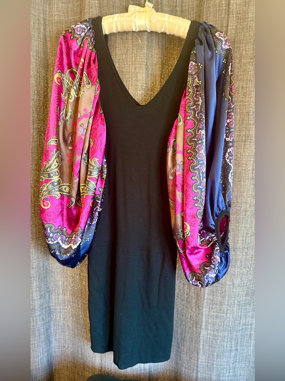 Black V-Neck Dress with Paisley Balloon Sleeves - Pink & Blue